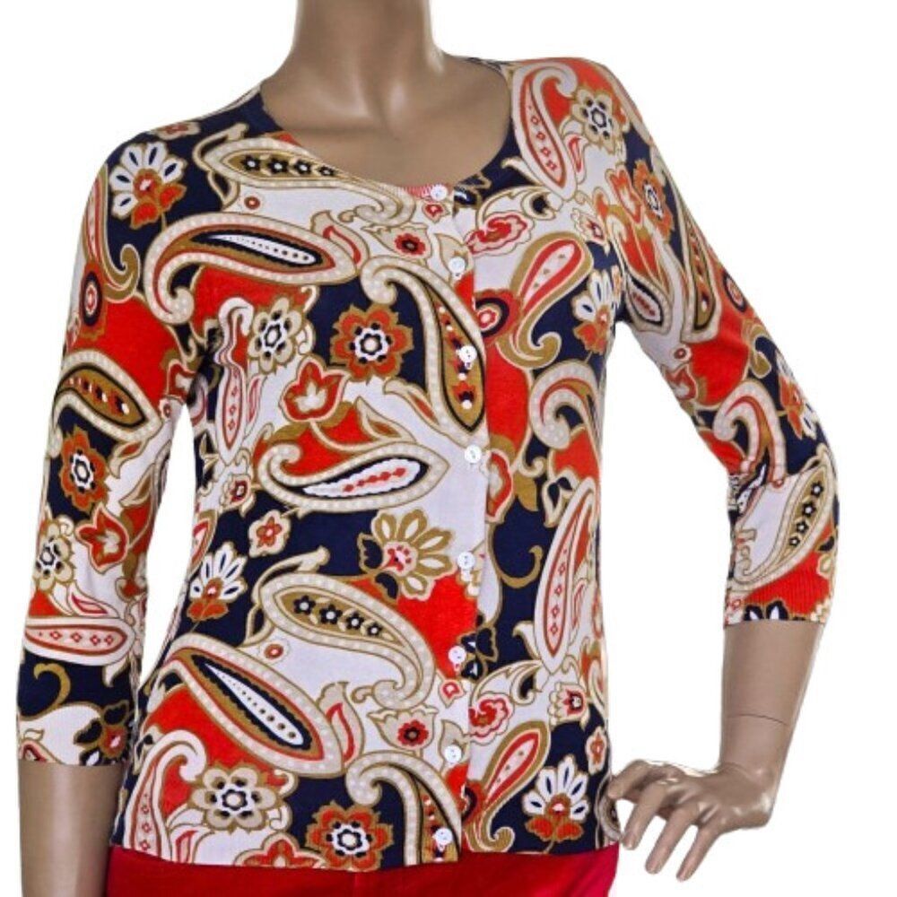 Evie Petite Sweater Multi- Color Paisley Womens Size P/S Silk Blend
